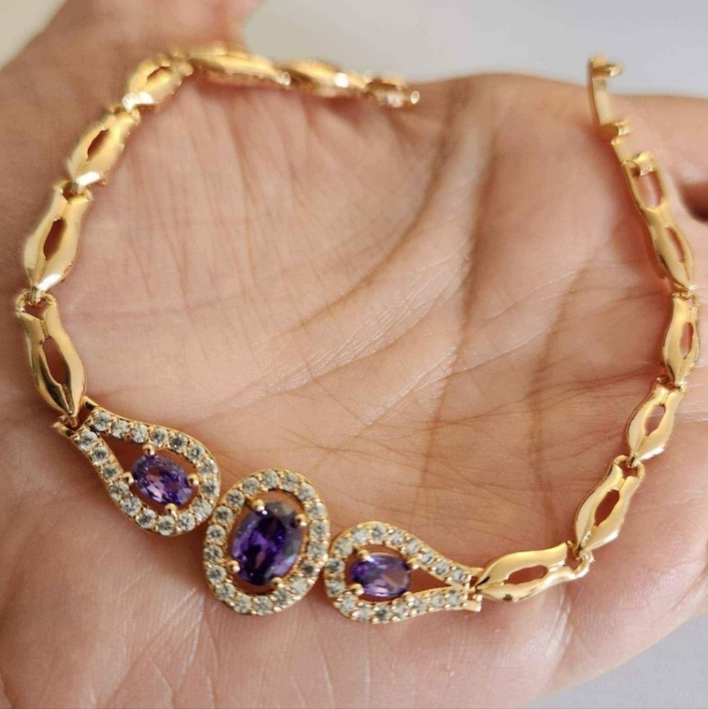 New 18K Gold Plated Oval Cut Amethyst Diamond Flower Bracelet for Women